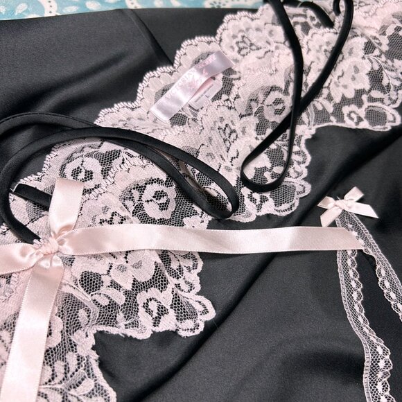 Victoria's Secret Angels Black Satin Pink Lace-Ribbon Slip Dress SZ Large Womens - Picture 10 of 16